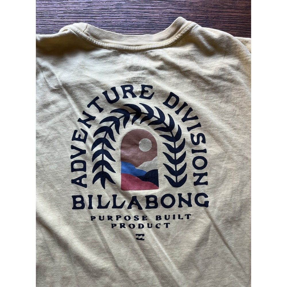 Men's Billabong T-Shirt Yellow Logo L Cotton Surf Stretch Beach Palm Double Side